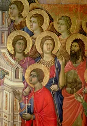 Maesta: Detail van Heiligen, inclusief St. Johannes de Doper, 1308-11